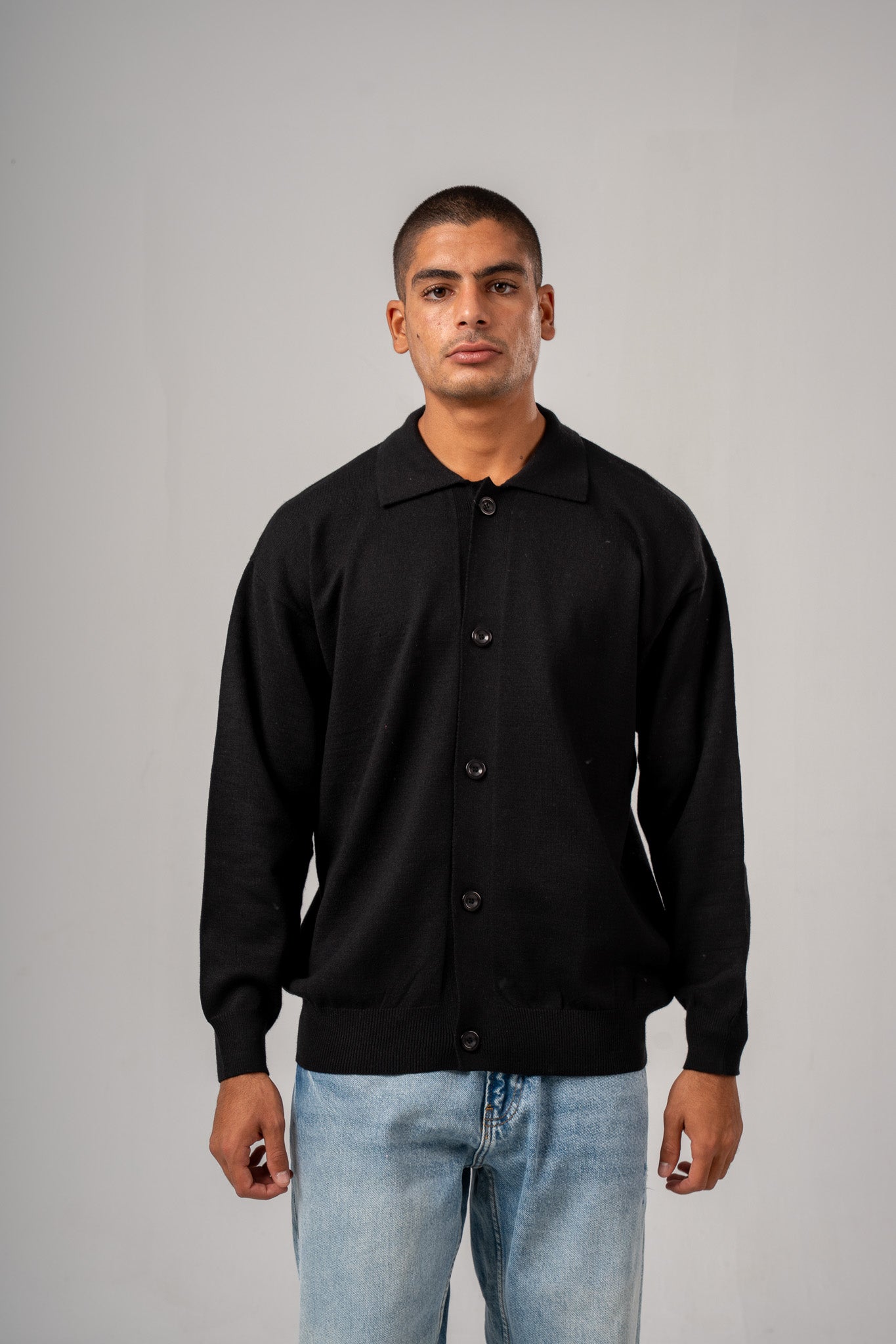 Black Buttoned Cardigan With Collar