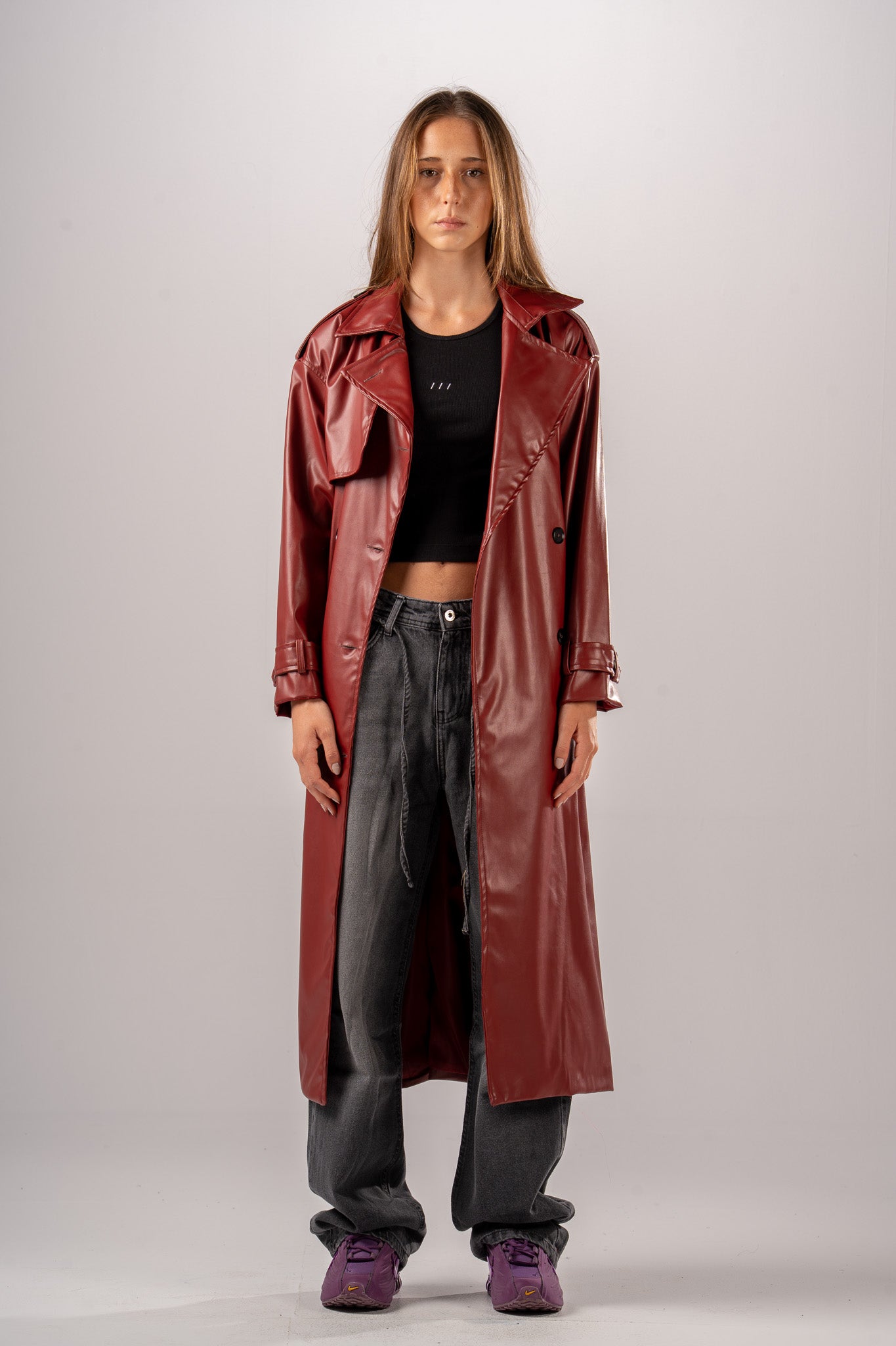 Burgundy Double Breast PU Coat