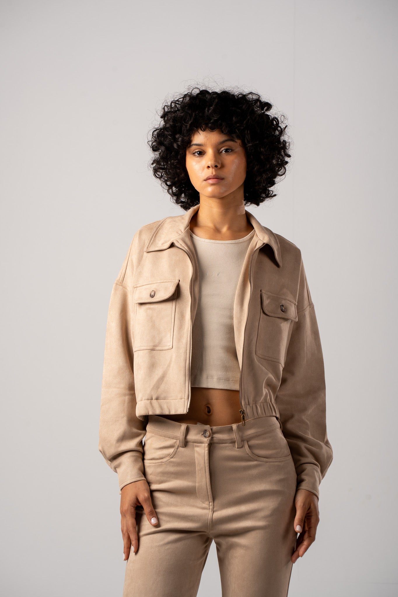 Beige Zip Up Suede Jacket