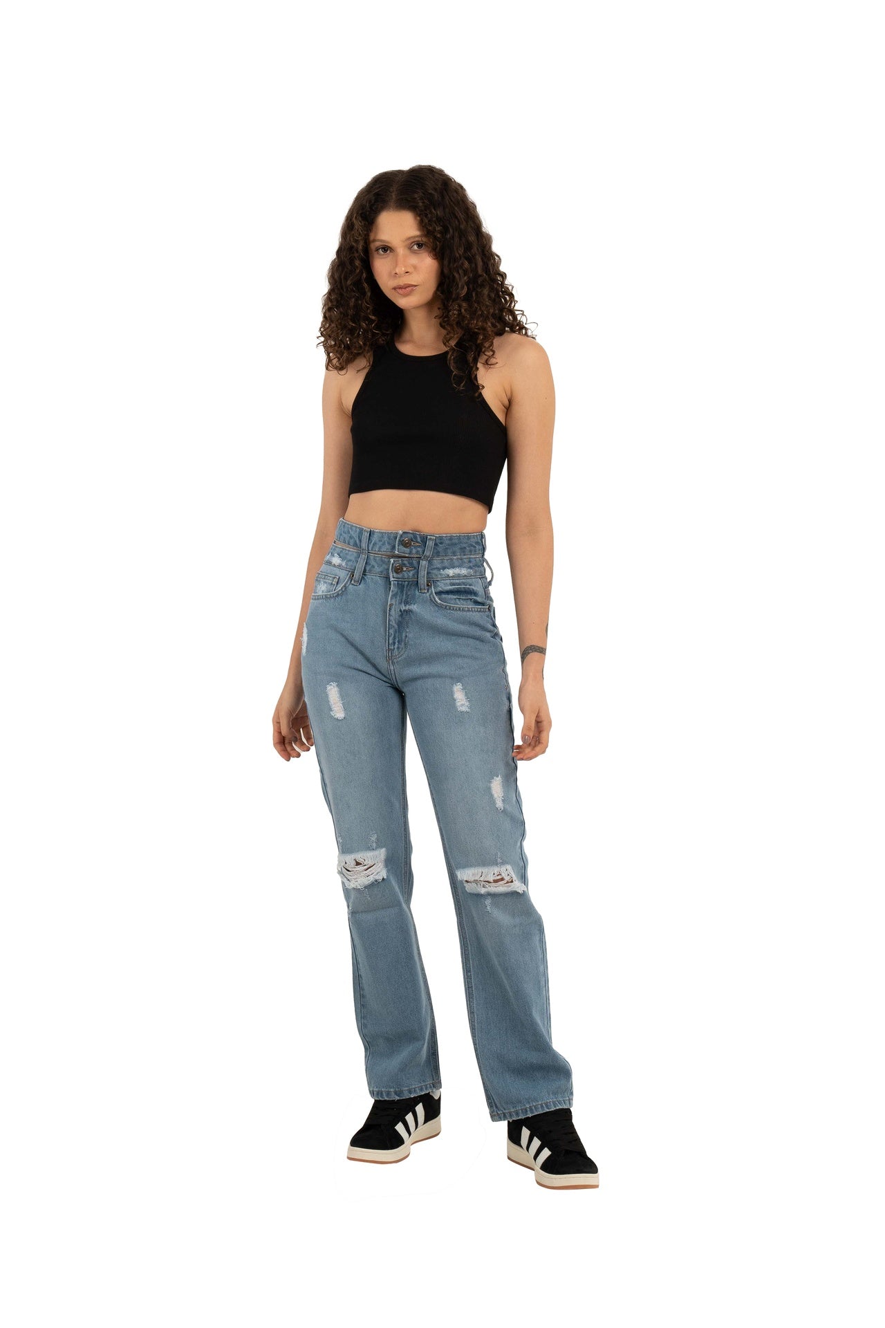 double waistband 
relaxed straight jeans with 
patchwork