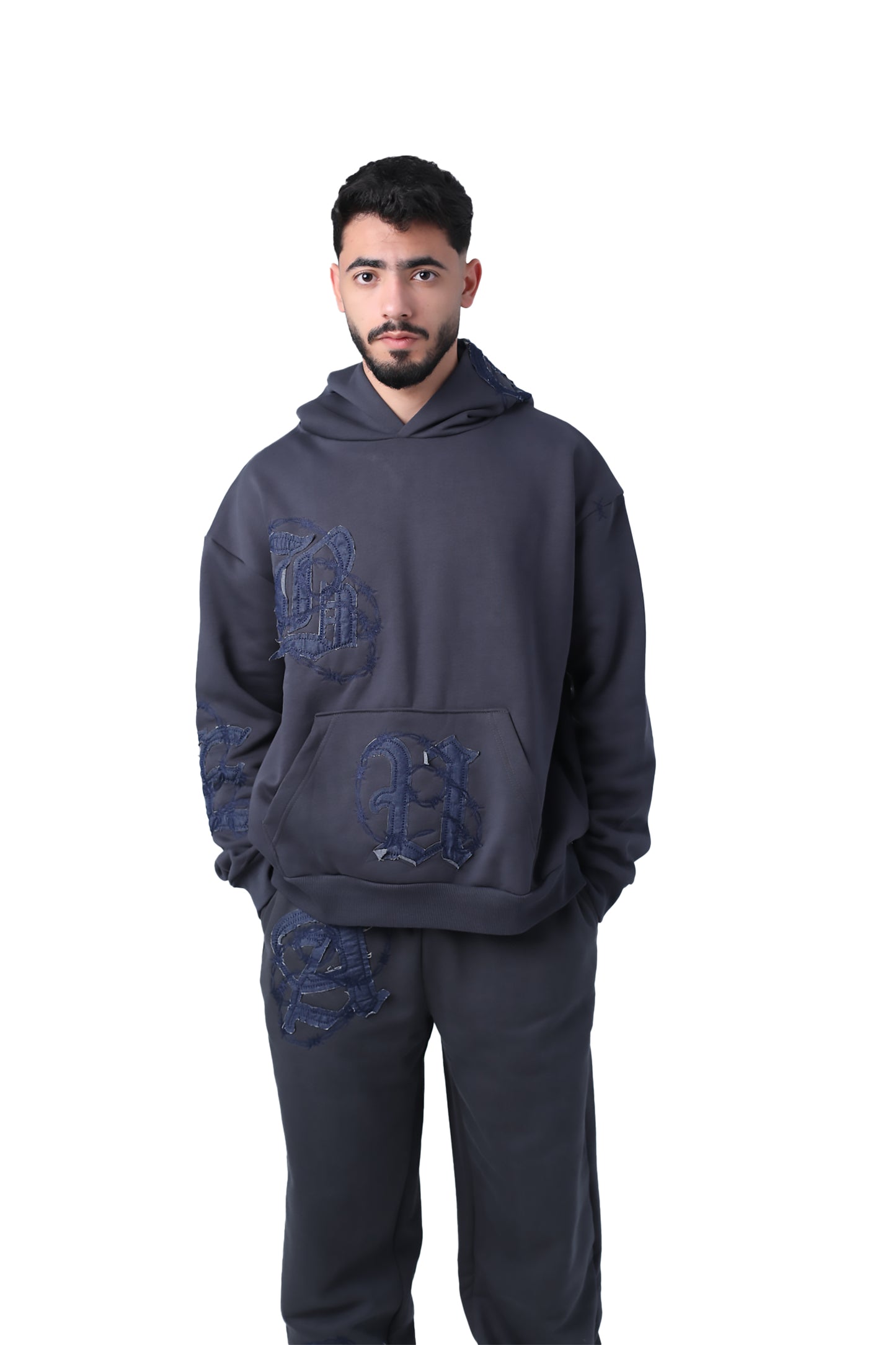 Applique hoodie with embroidered patchwork