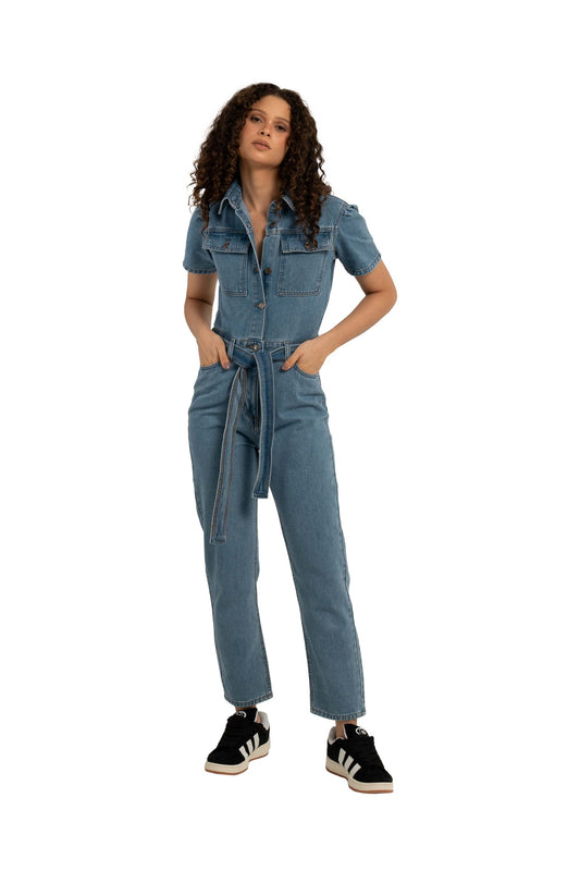 Fitted Denim short sleeve jumpsuit