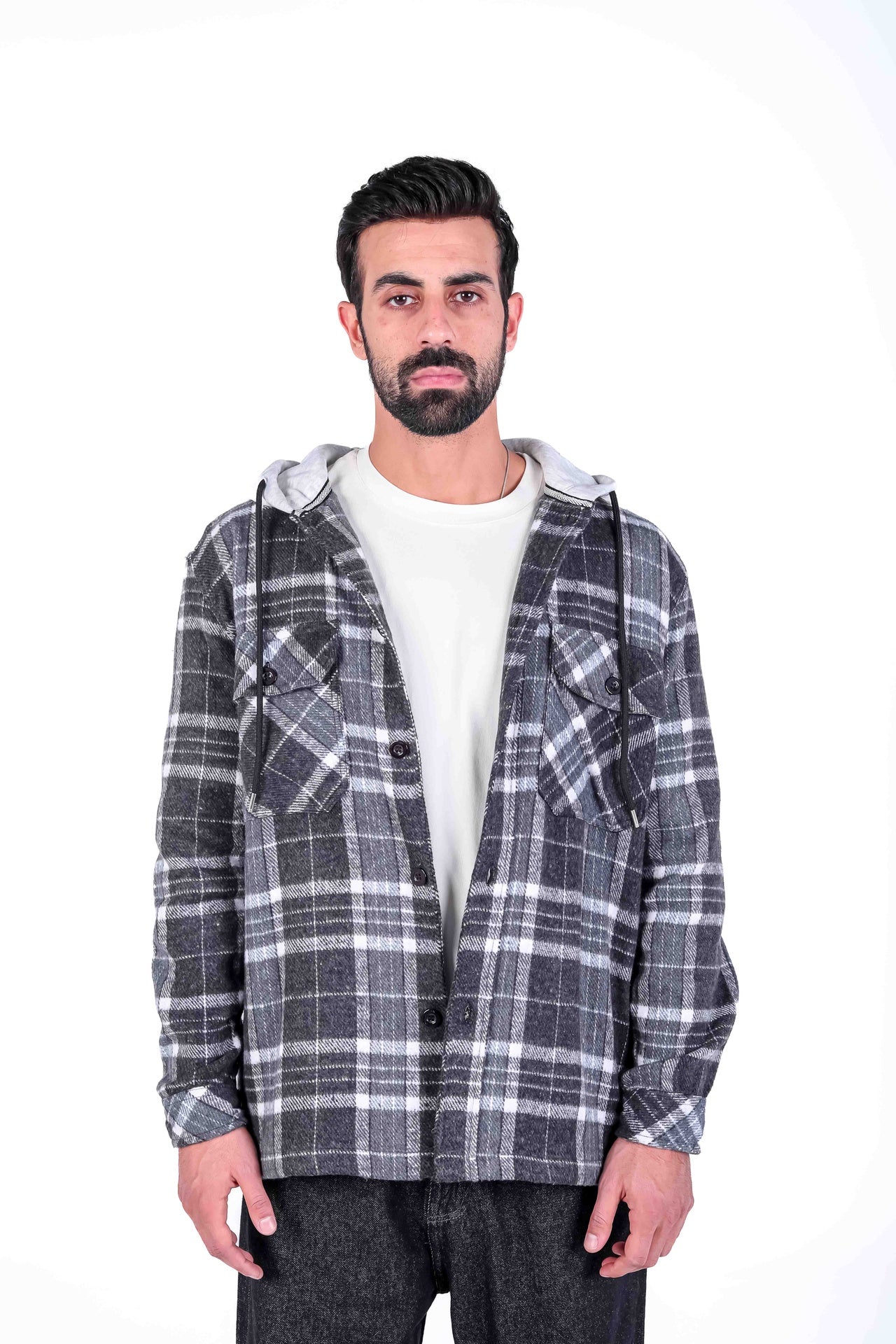 Flannel overshirt with hoodie