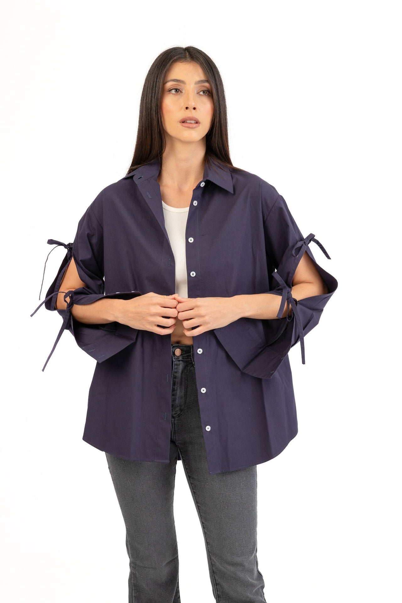 Long sleeve relaxed shirt with back and sleeve opening