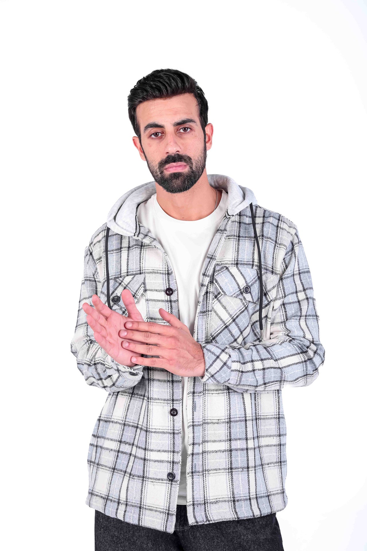 Flannel overshirt with hoodie