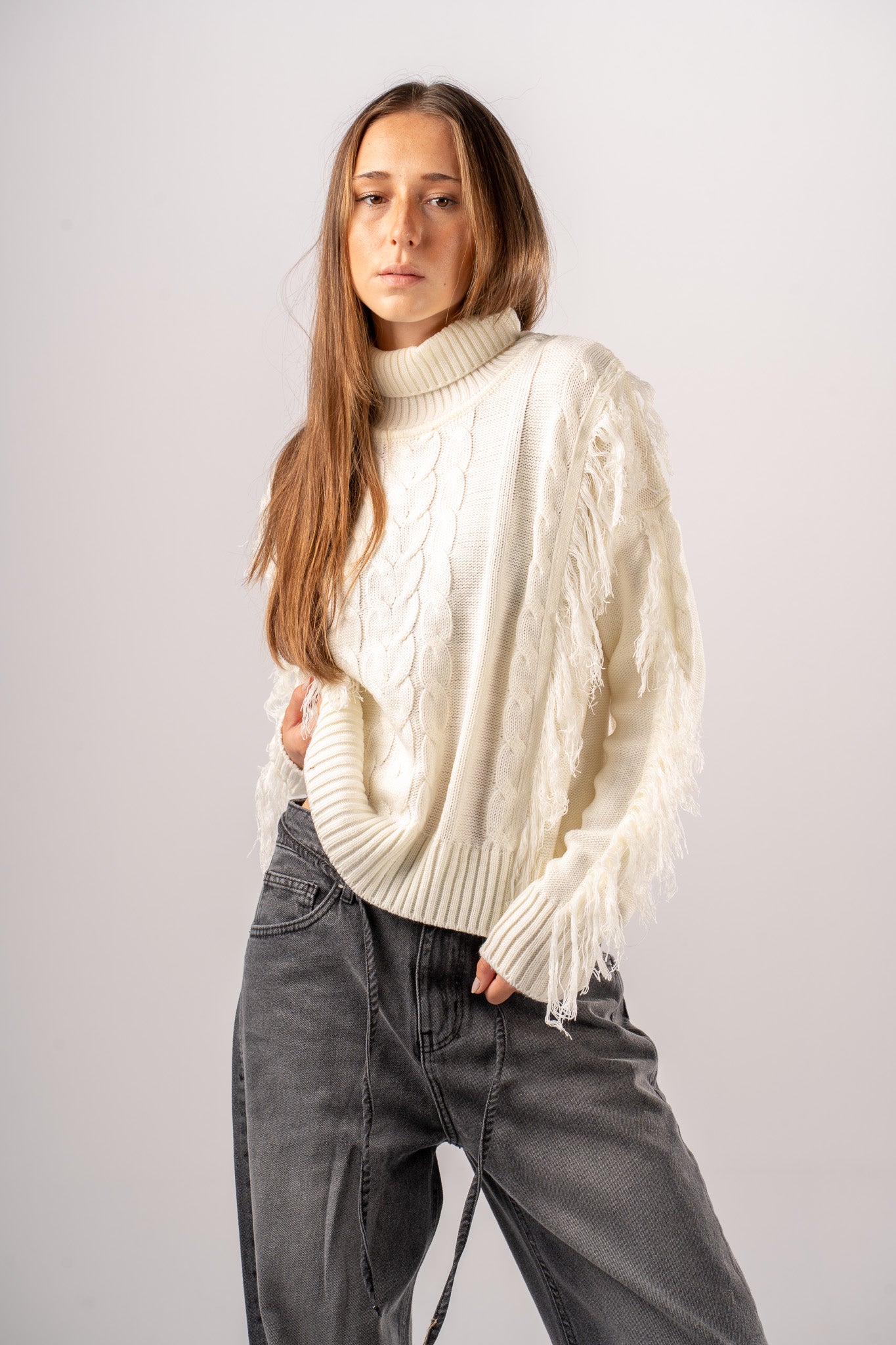 Ecru Cable Knit Mock Neck Pullover