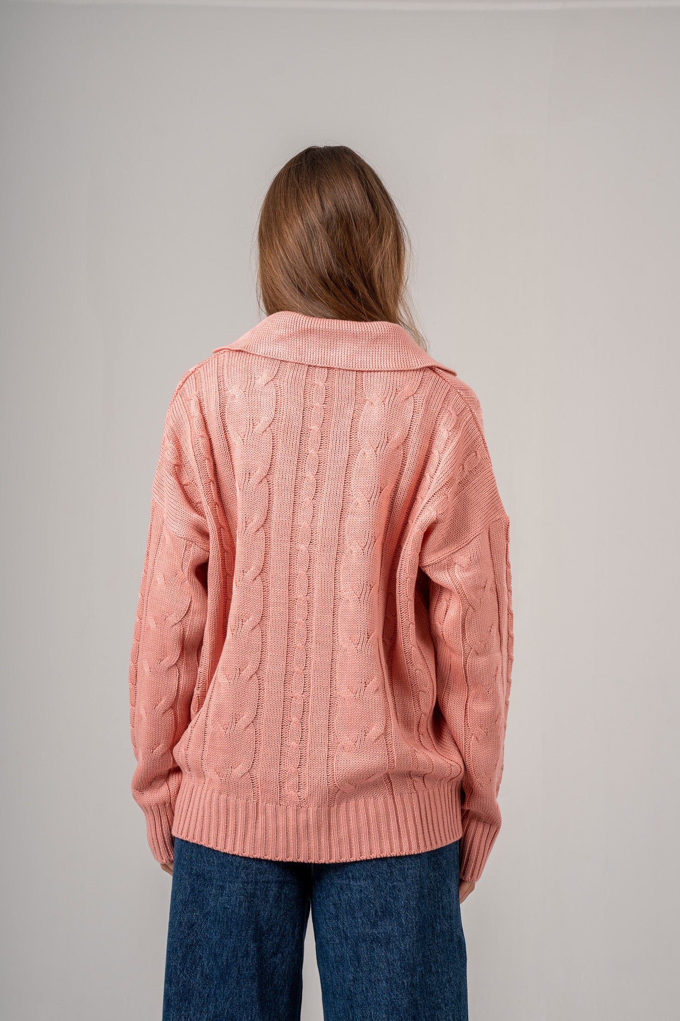 Pink Cable Pullover With Collar
