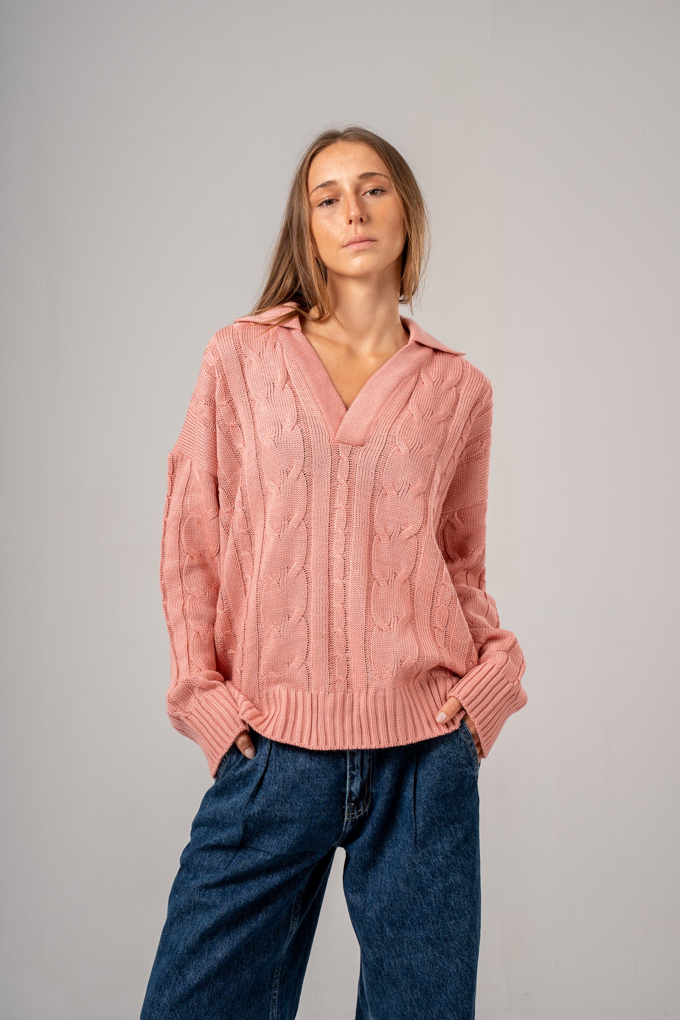 Pink Cable Pullover With Collar
