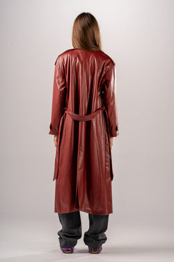 Burgundy Double Breast PU Coat