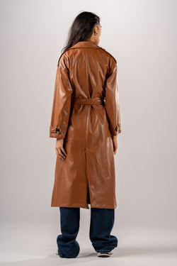 Brown Double Breast PU Coat
