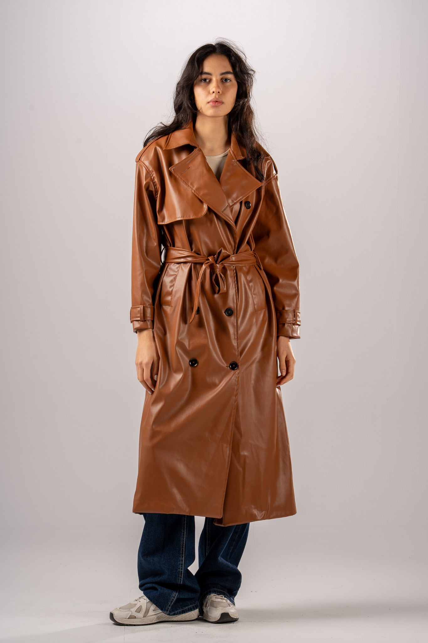 Brown Double Breast PU Coat