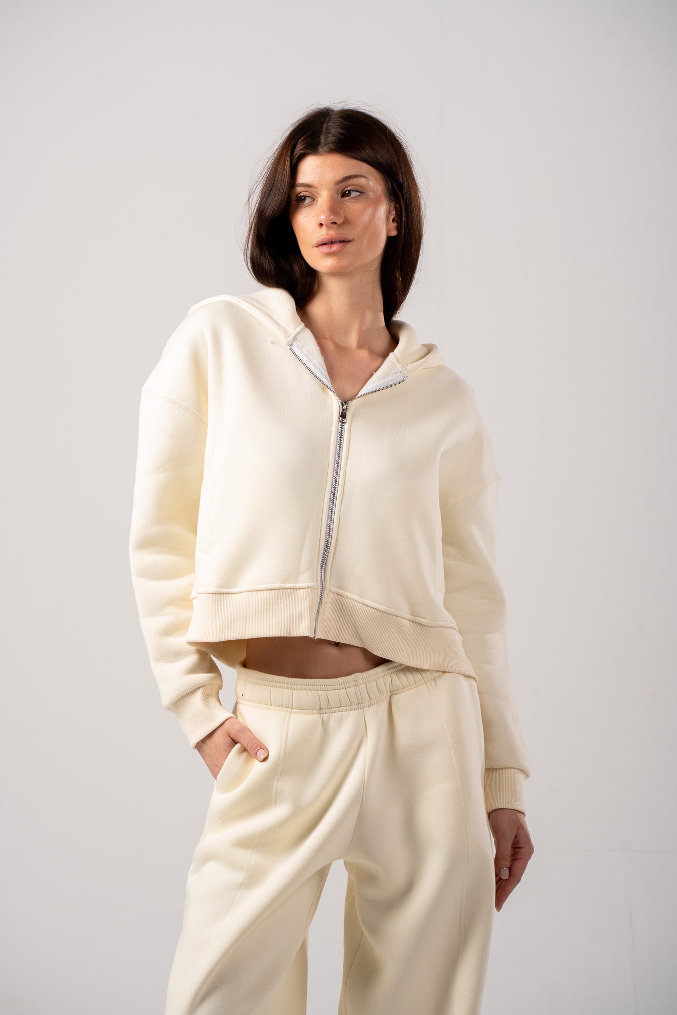 Ecru Cropped Zip-Up Hoodie
