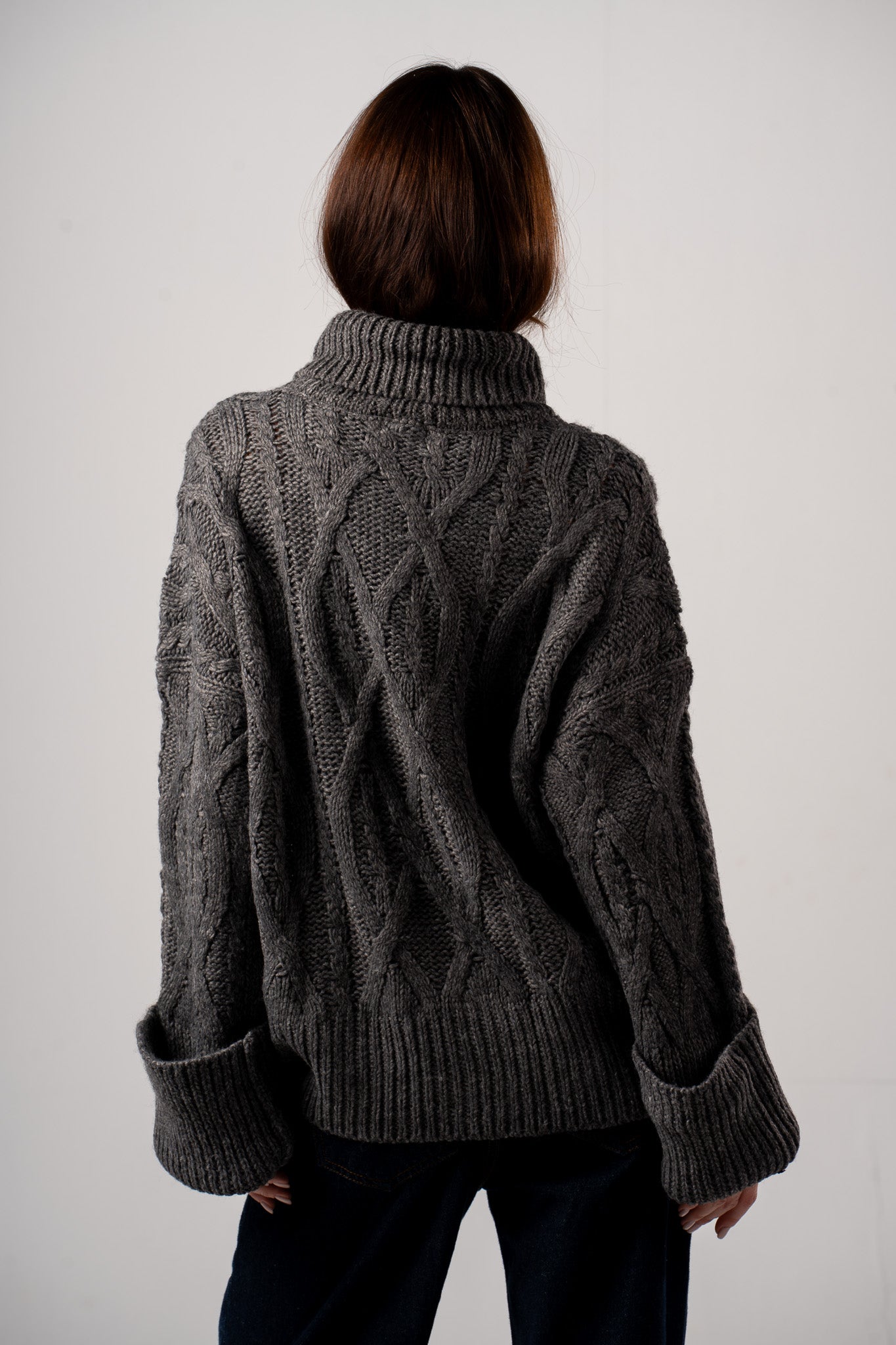 Grey Chunky Mock Neck Cable Pullover