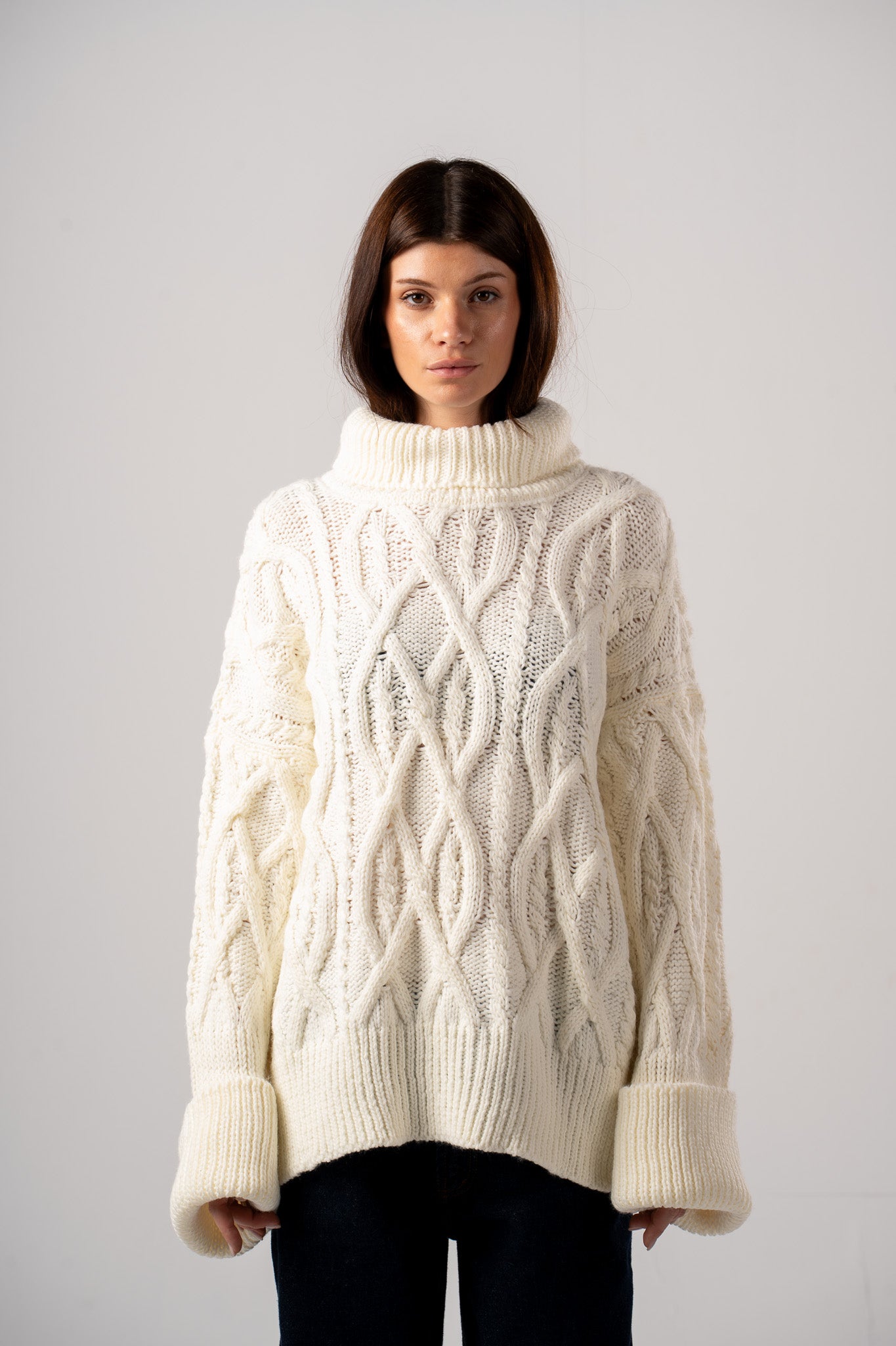 Off White Chunky Mock Neck Cable Pullover