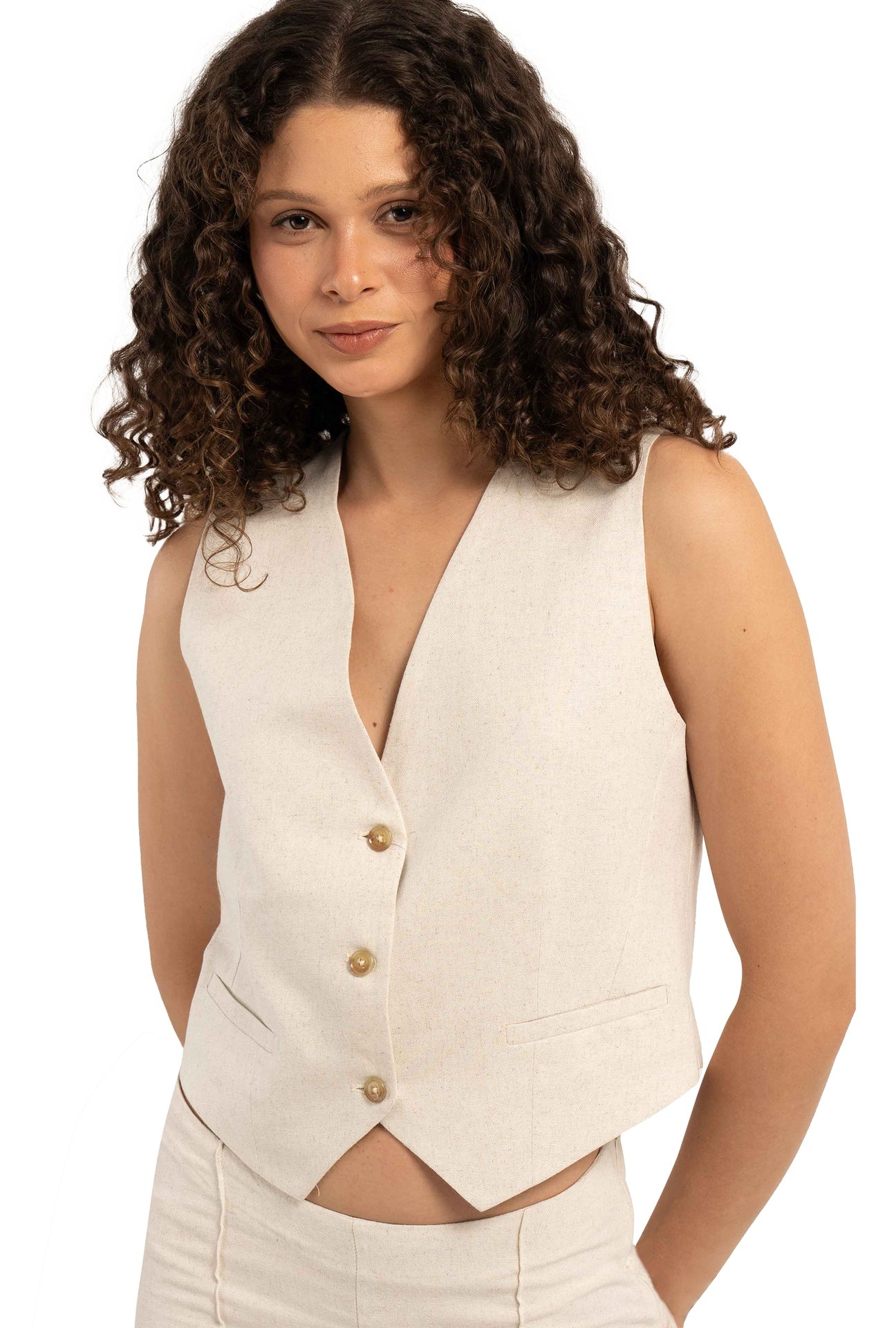 Plain linen vest with back belt