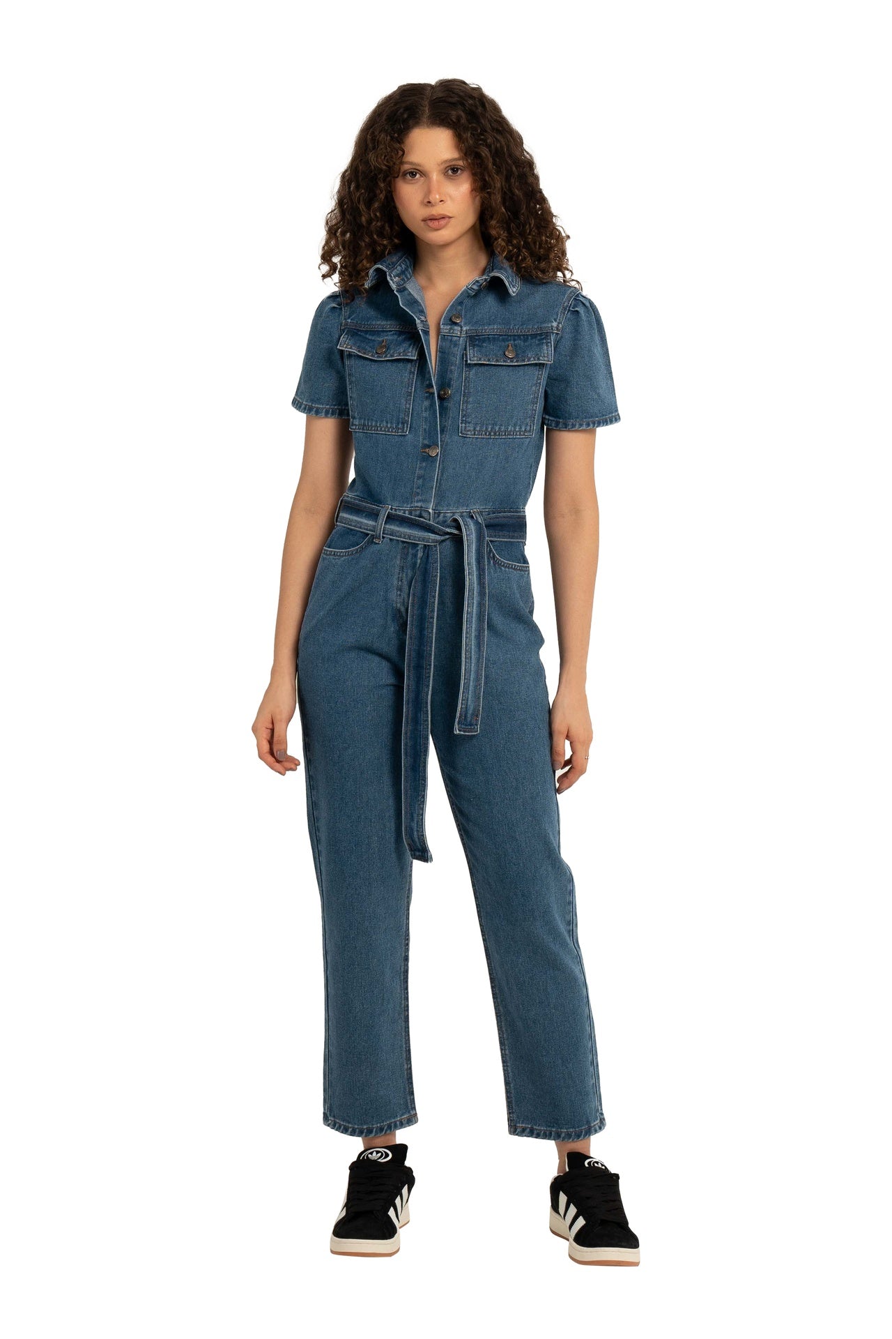 Fitted Denim short sleeve jumpsuit