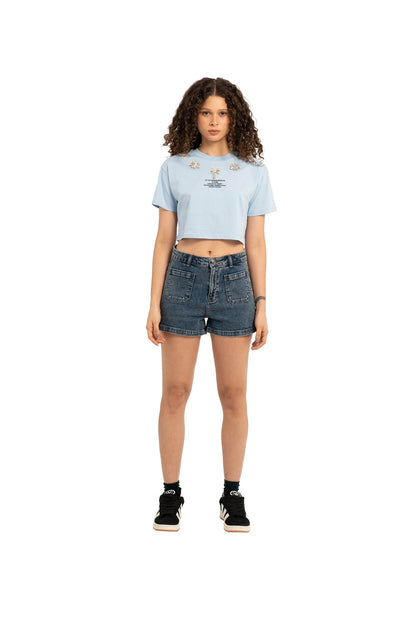 Cropped T-shirt with rhinestone details and thin rubber print