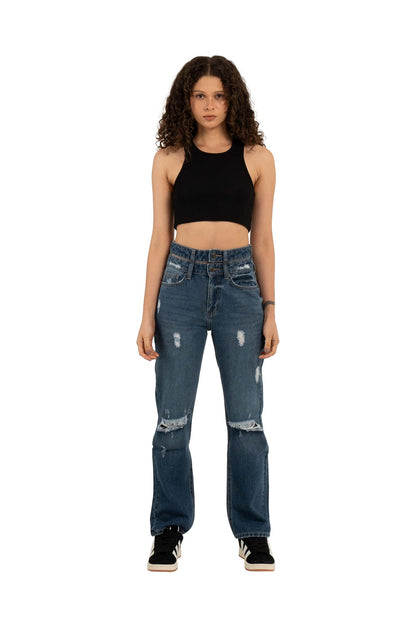 double waistband 
relaxed straight jeans with 
patchwork