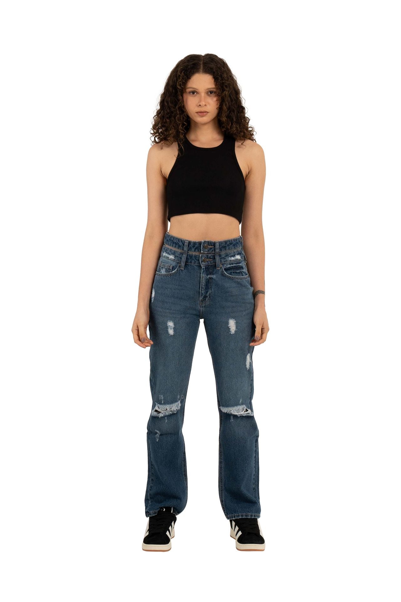 double waistband 
relaxed straight jeans with 
patchwork